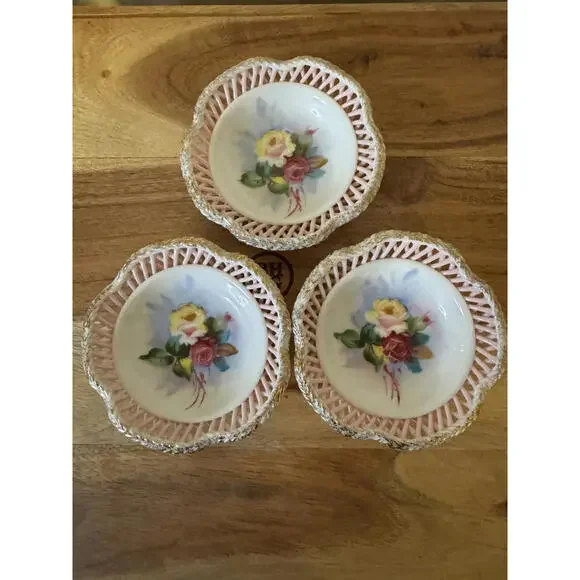 Set of 3 Vintage Bavarian Reticulated Porcelain Dishes Mid-Century Trinket Bowls - Picture 1 of 10
